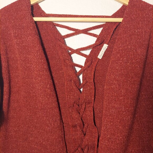 Heart & Hips Burgundy Lace-Up Back Cardigan | Open Front Knit Sweater Size S - Picture 6 of 9